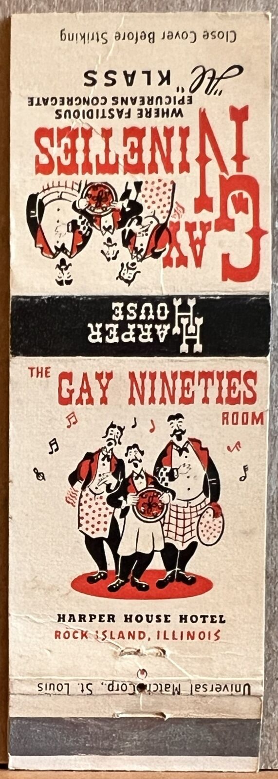 The Gay Nineties Rockford IL Illinois Harper House Hotel Vintage Matchbook Cover