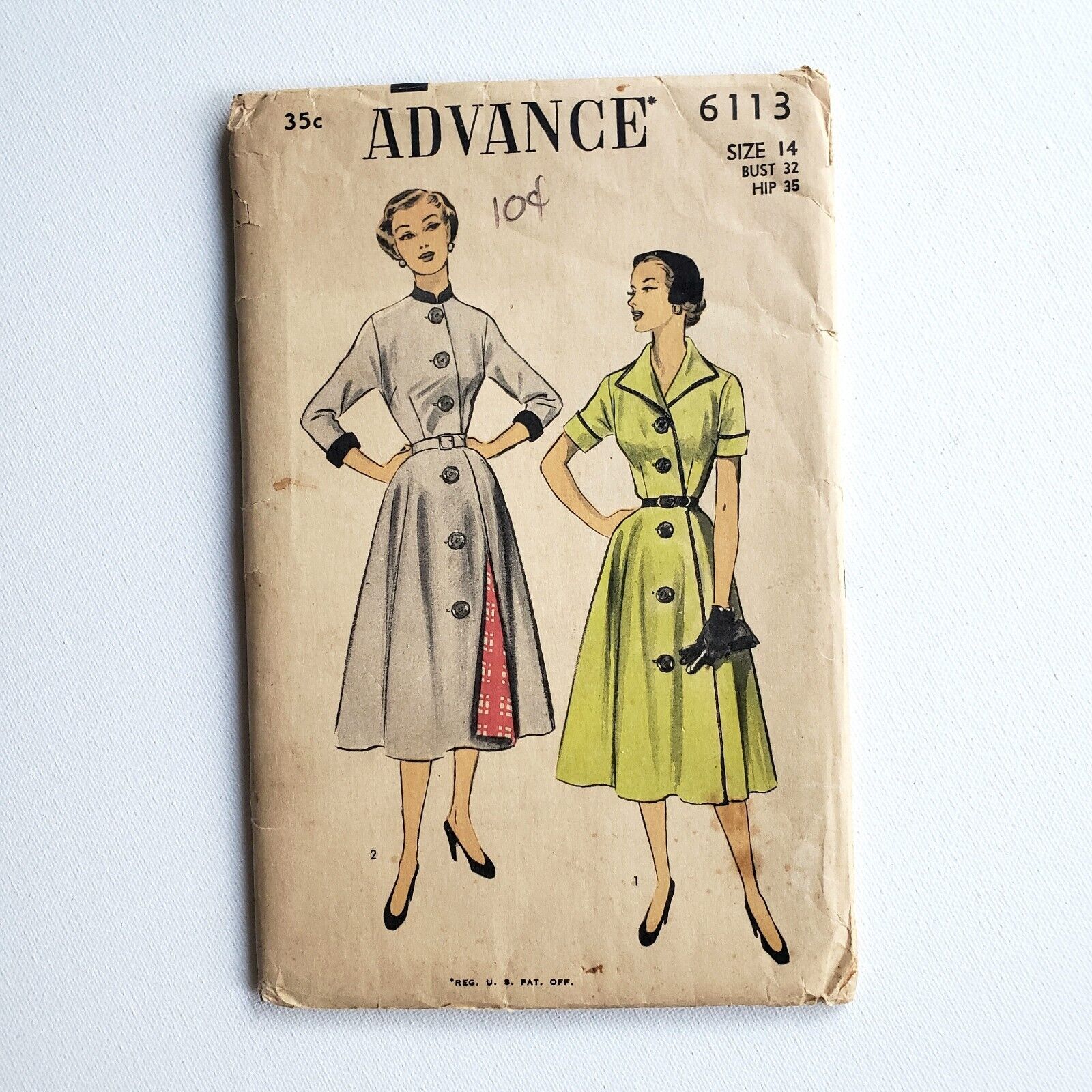 1950s Vintage Advance 6113 Exagerated Collar Dress Sewing Pattern