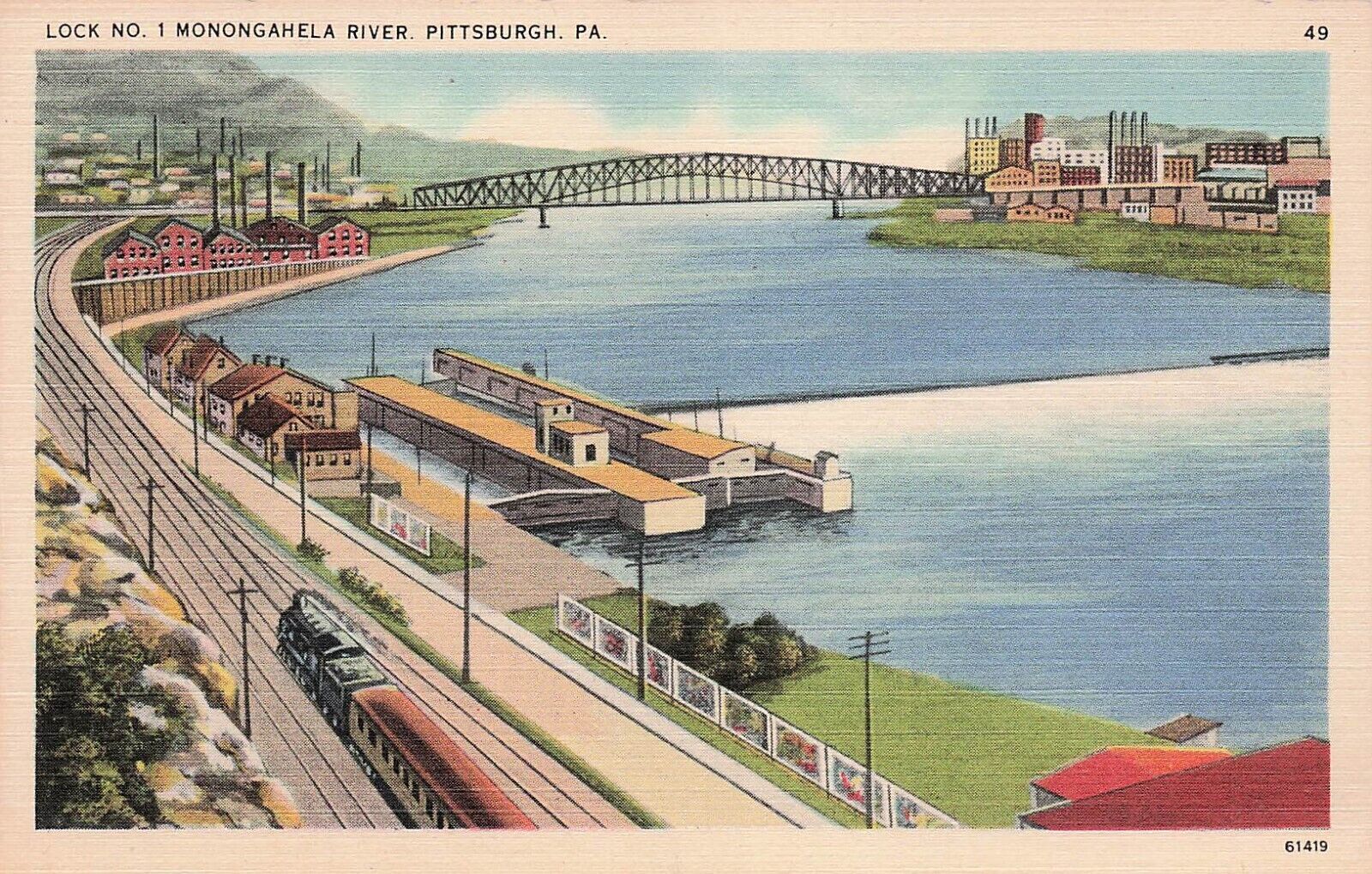 Pittsburgh PA Skyline Fort Pitt Bridge Railroad Train Linen Vtg Postcard E12