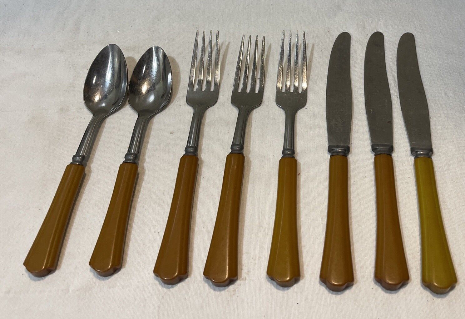 Vintage Butterscotch Bakelite Handle Stainless Steel Flatware Knives Forks Spoon