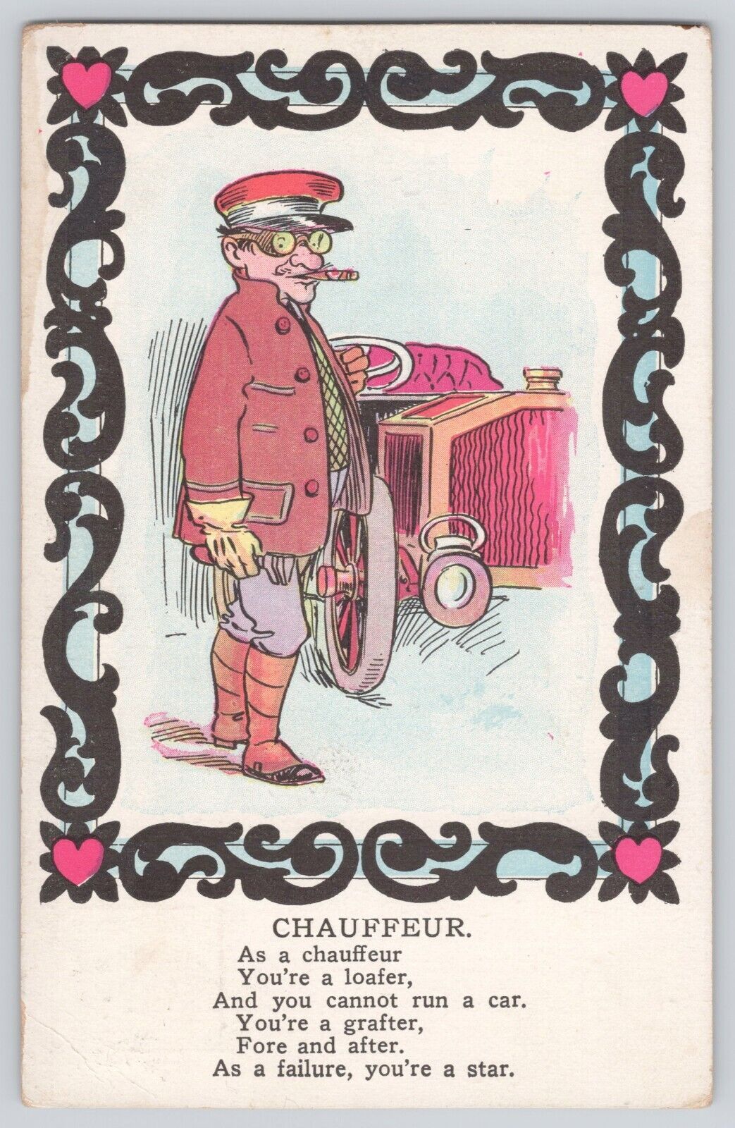 Postcard Vinegar Valentine Chauffeur Classic Automobile Vintage Antique 1909