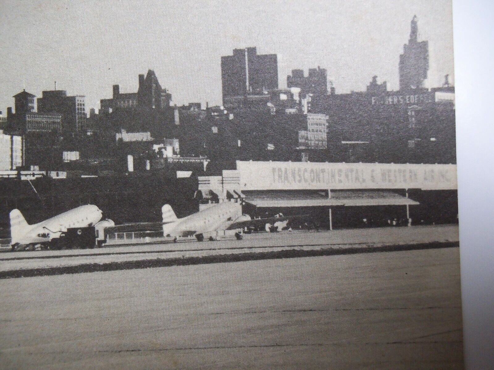 Vintage Jumbo Postcard, TWA, Kansas City Airport, Planes and Skyline, 1950 - 60