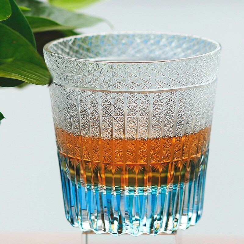 9oz Crystal Hand Cut Sky Blue Double Old Fashioned Whiskey Glasses With Gift Box