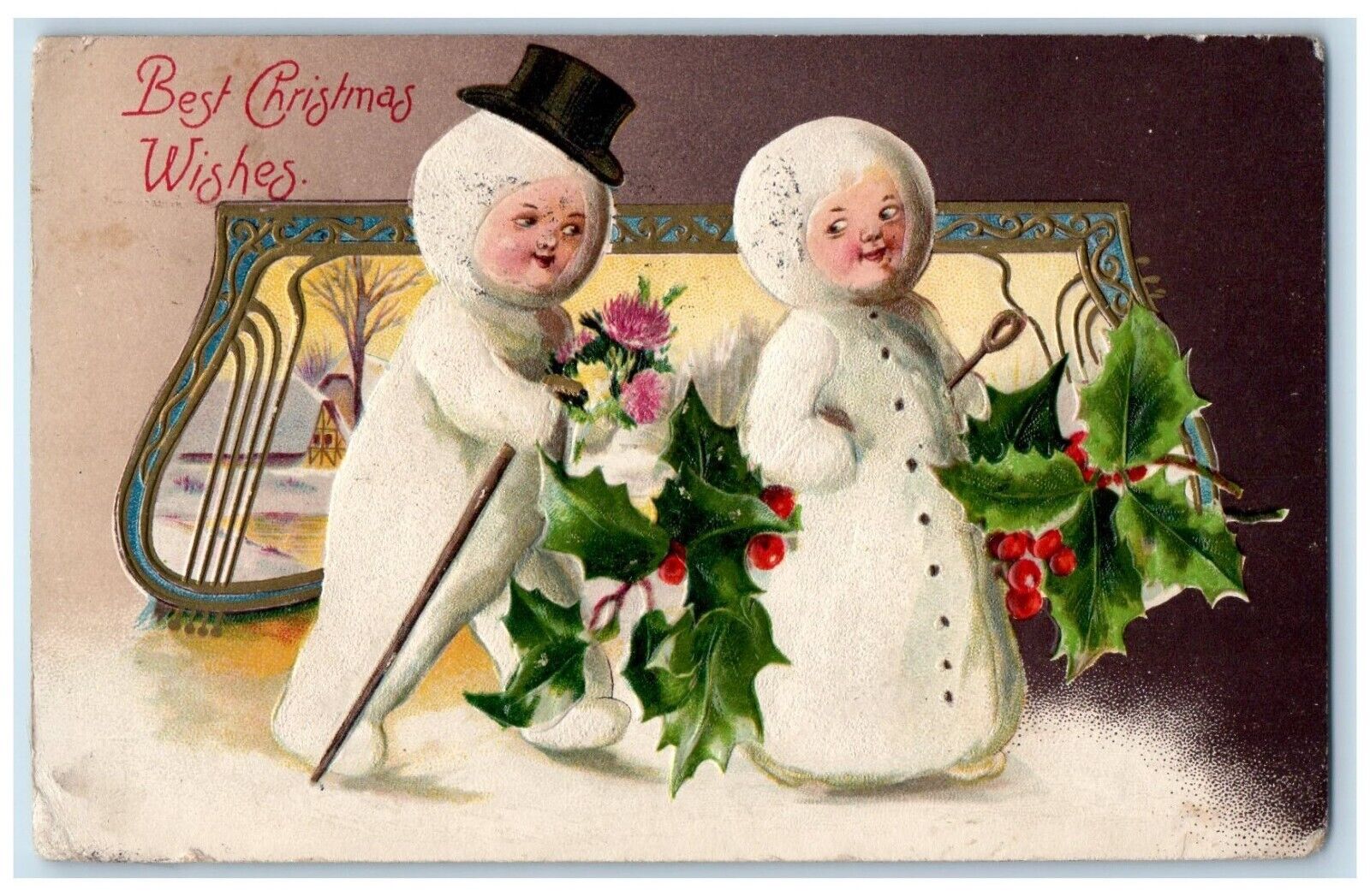 1909 Christmas Fantasy Snow Children Holly Berries Winsch Back Embossed Postcard