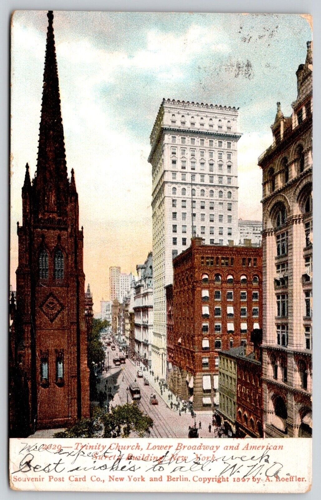 New York Trinity Church Lower Broadway American Surety Building Vintage Postcard