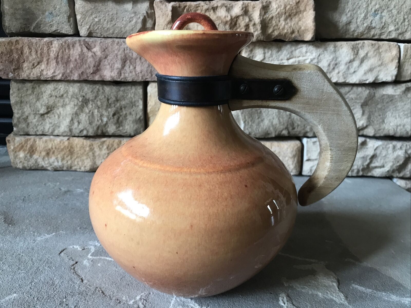 Vintage Pottery Pitcher With Handle And Lid 1930s Rustic Jug Beautiful Color