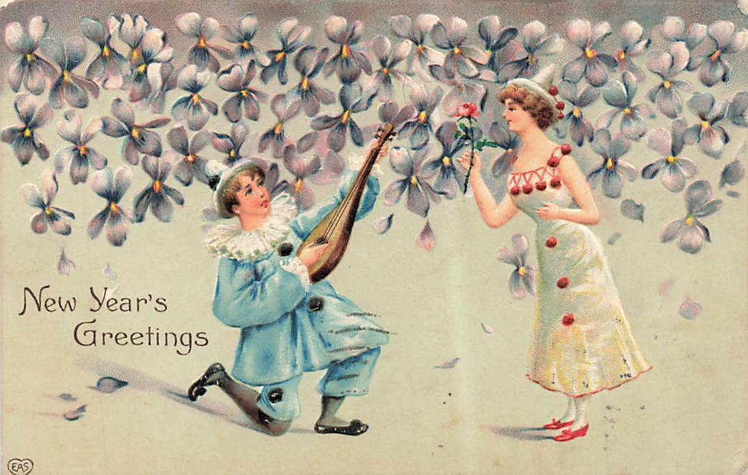 1908 EAS Young Man Woman Couple Mandolin Germany New Year P302