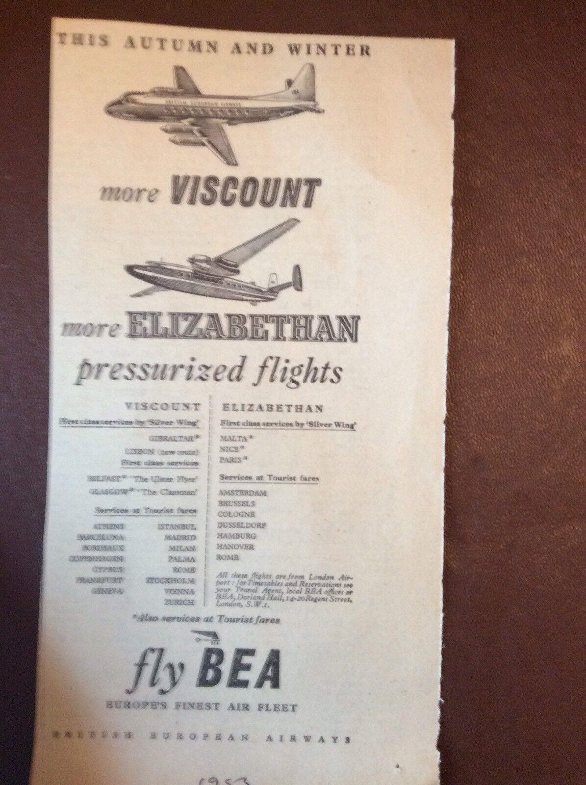 M62-9 Ephemera 1955 Advert B E A Fly Elizabethan Viscount