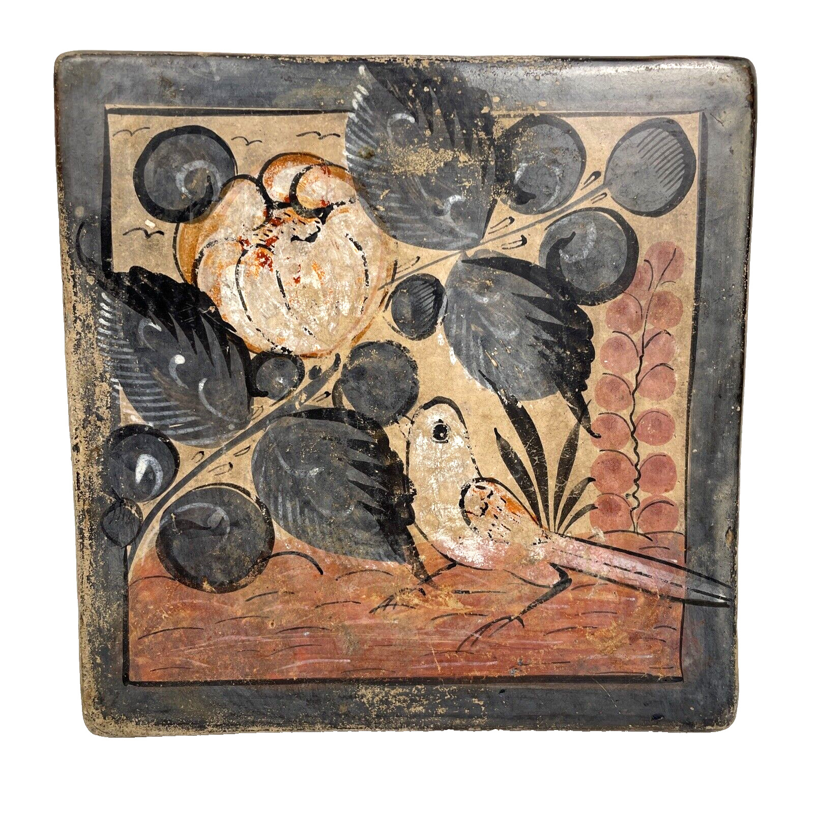 VTG Mexican Tonala Pottery Tile Dove Orange Flowers Rustic Handpainted