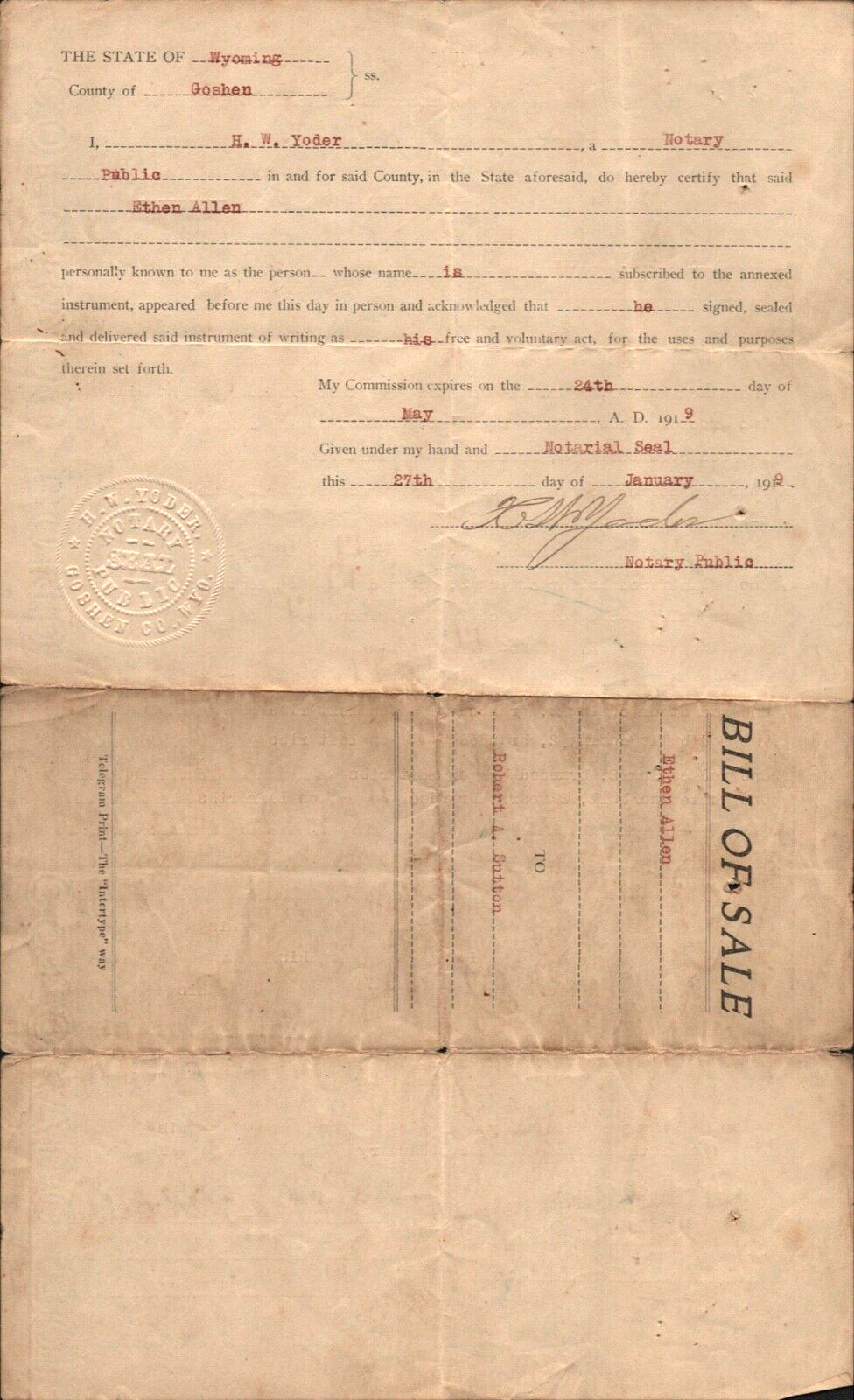 1919 WYOMING - GOSHEN COUNTY antique legal document HEIFERS, CATTLE BILL OF SALE