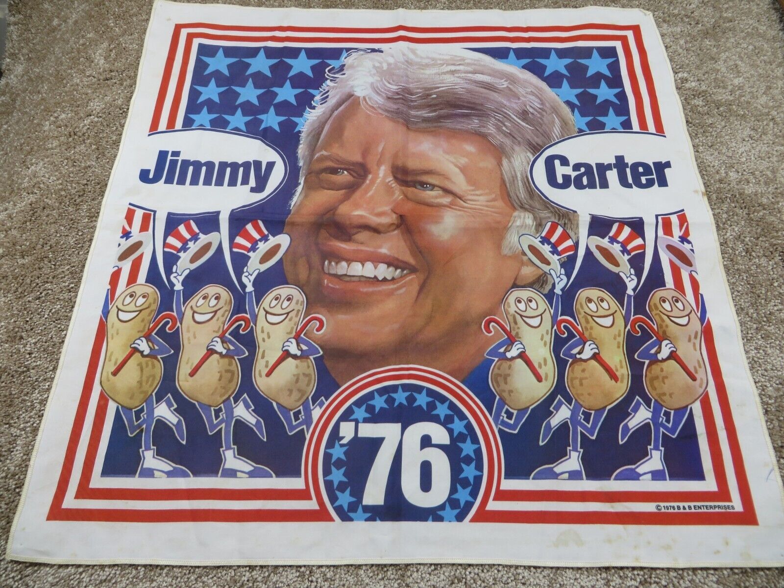 Vintage Jimmy Carter 1976 Campaign Cloth Handkerchief  w/ Dancing Peanuts