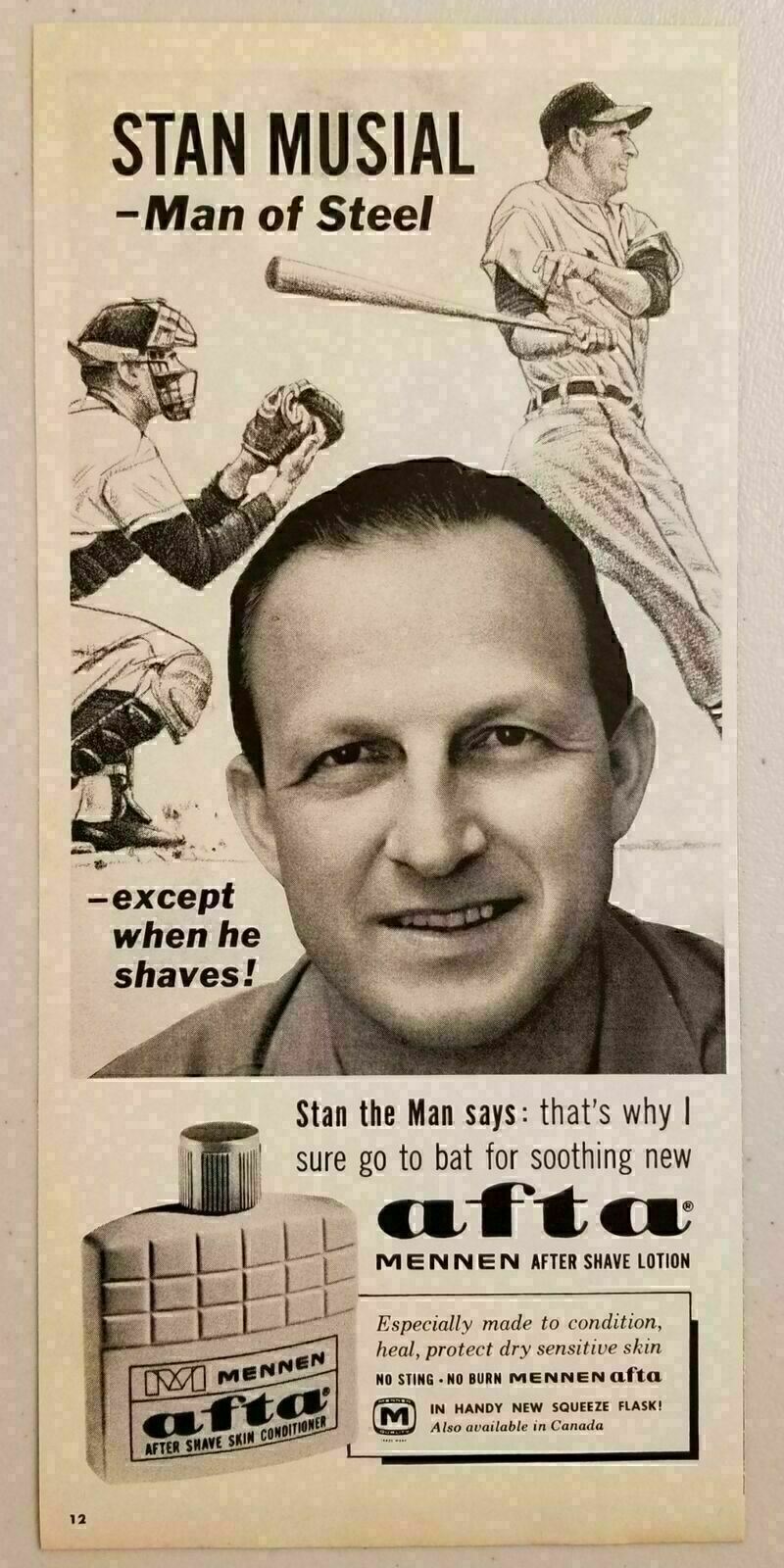 1963 Print Ad Afta Mennen After Shave Lotion Stan Musial St Louis Cardinals
