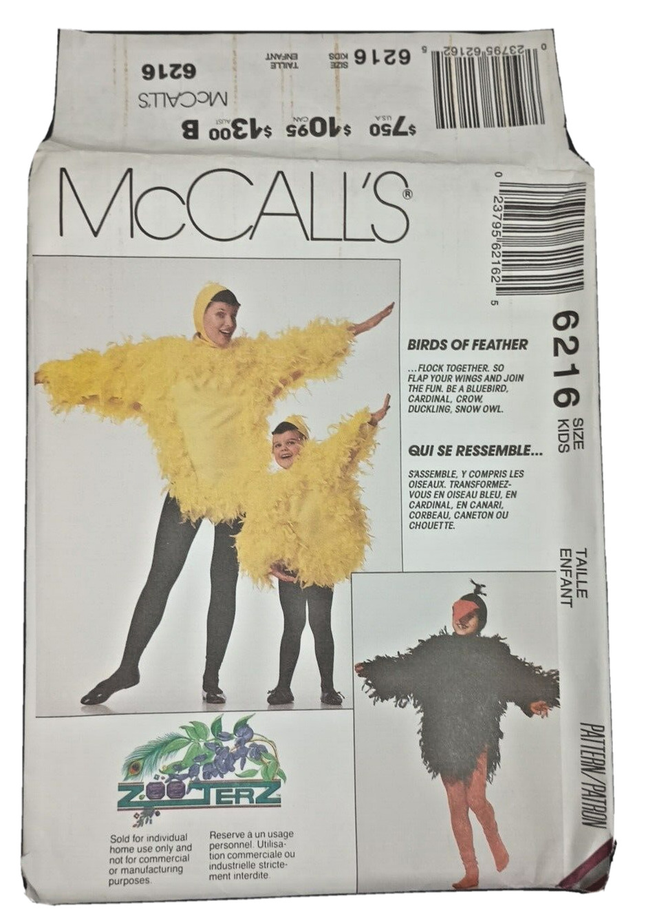 McCall\'s 6216 Birds of a Feather  Costume Sewing Pattern Childs Large 2-6 New