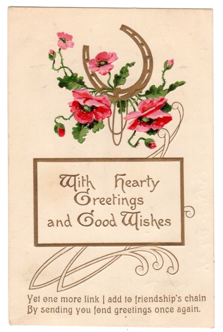 Hearty Greetings and Good Wishes c1905 Horseshoe, vintage embossed postcard