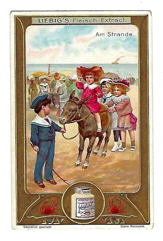 c1902 Trade Card Liebig Company\'s Extract-Children Riding a Pony at the Beach
