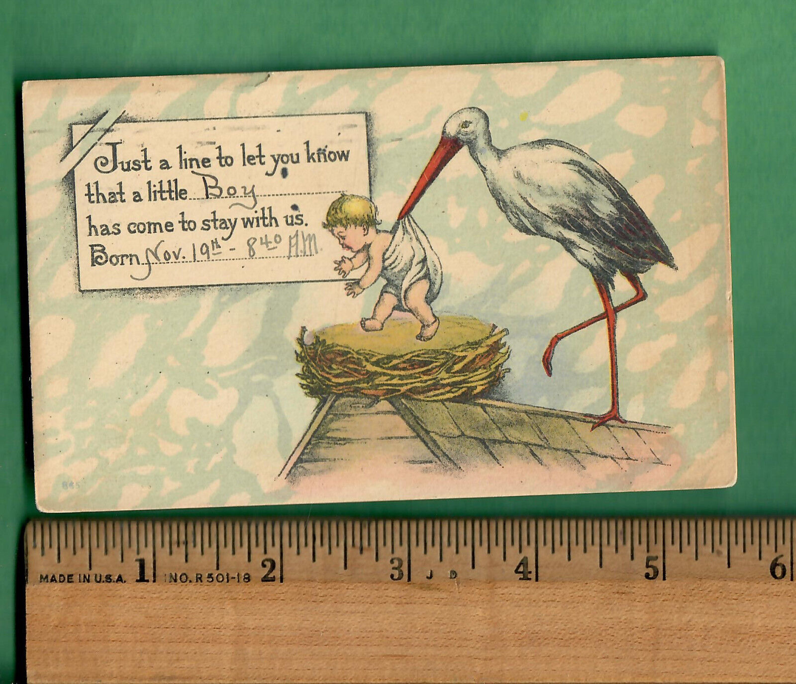 1917 POSTCARD  STORK DELIVERING BABY BIRTH ANNOUNCEMENT 2 CENT STAMP LOS ANGELES