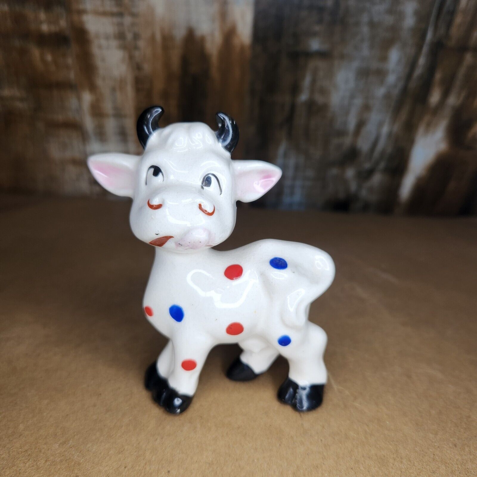 Vintage White Blue Red Polka Dot Cow Horns Japan Kitsch Figurine 3 In Porcelain 