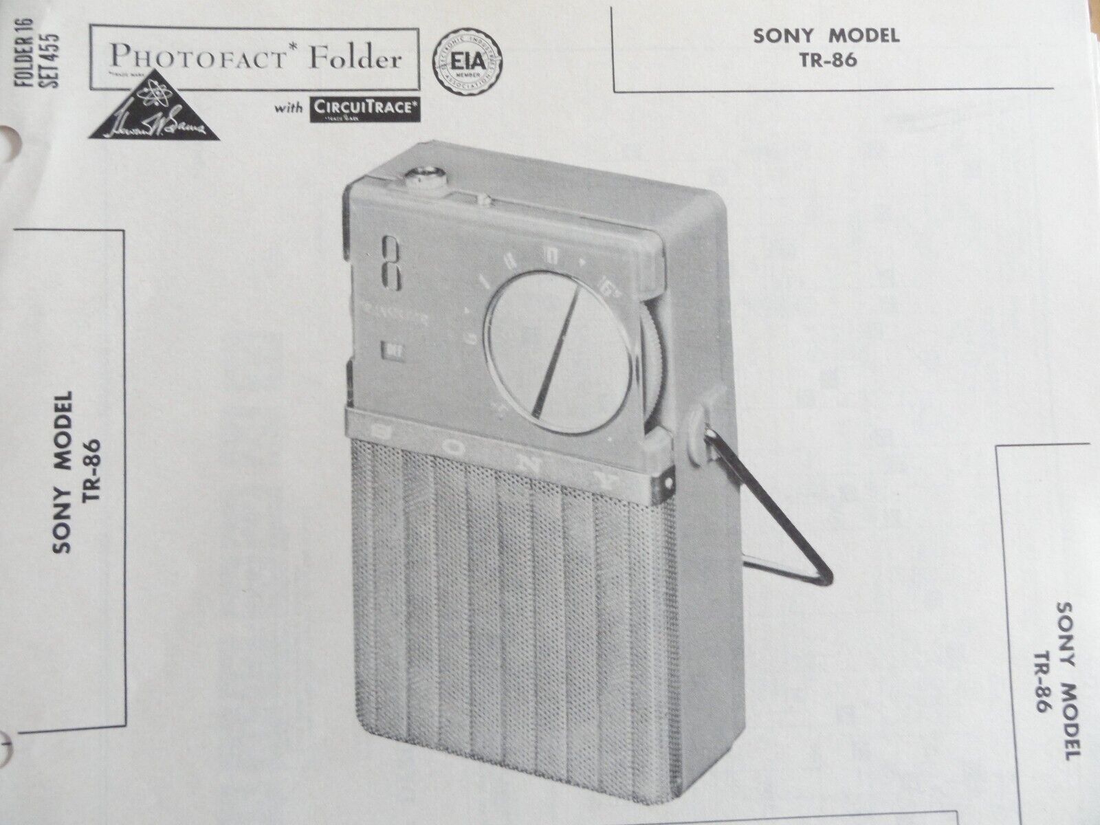 Original Sams Photofact Manual SONY TR-86 (455)
