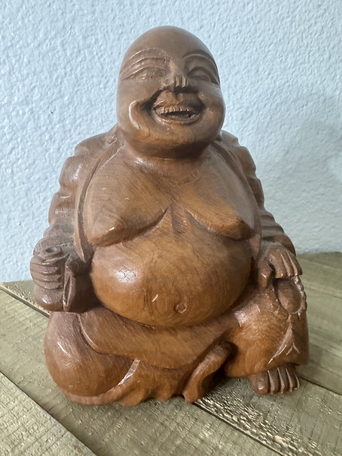 Vintage Asian Wooden Hand Carved Happy Laughing Sitting Buddha Figurine Statue