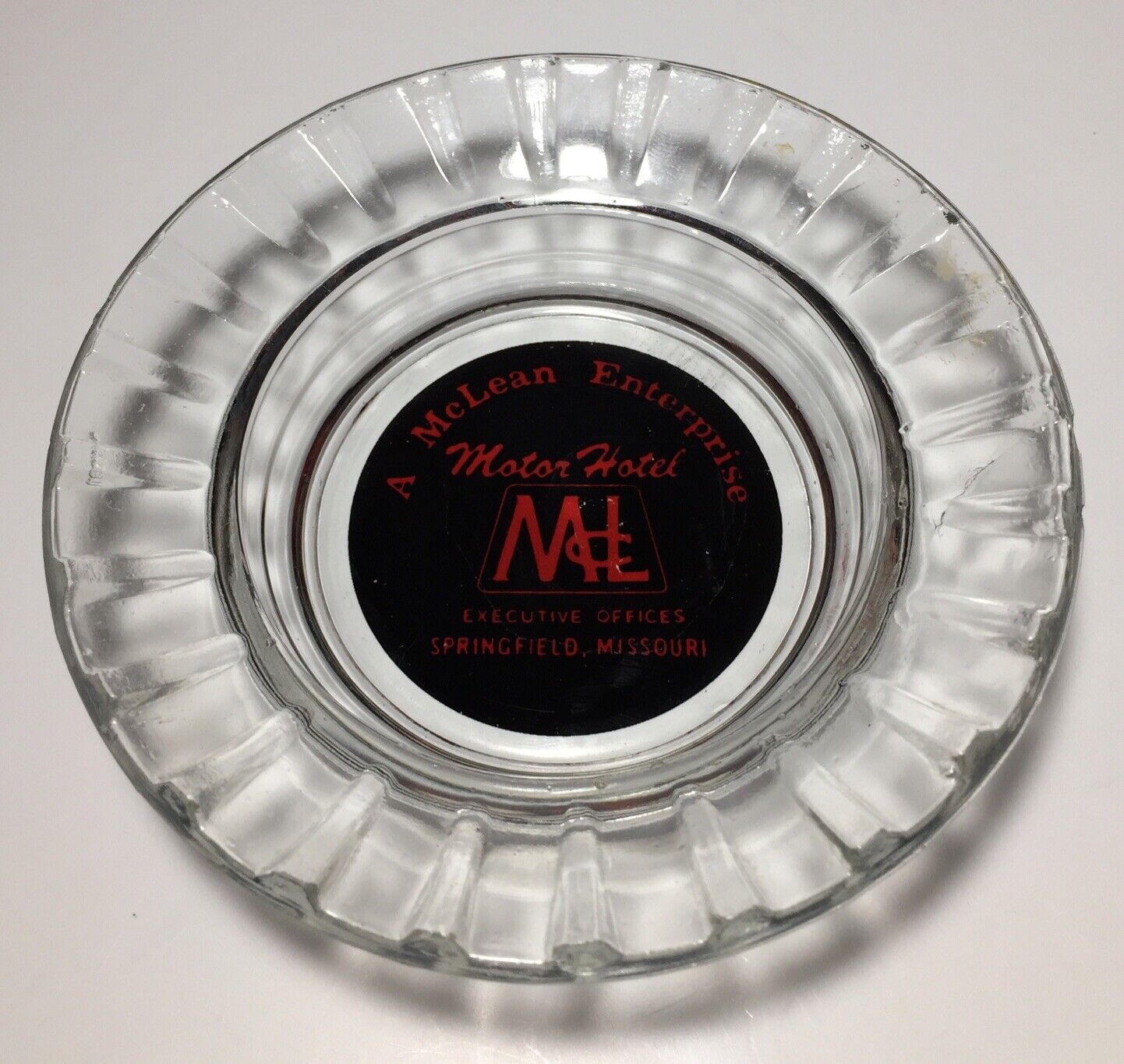 Vintage A Mclean Enterprise Motor Hotel Springfield MO Round Clear Glass Ashtray