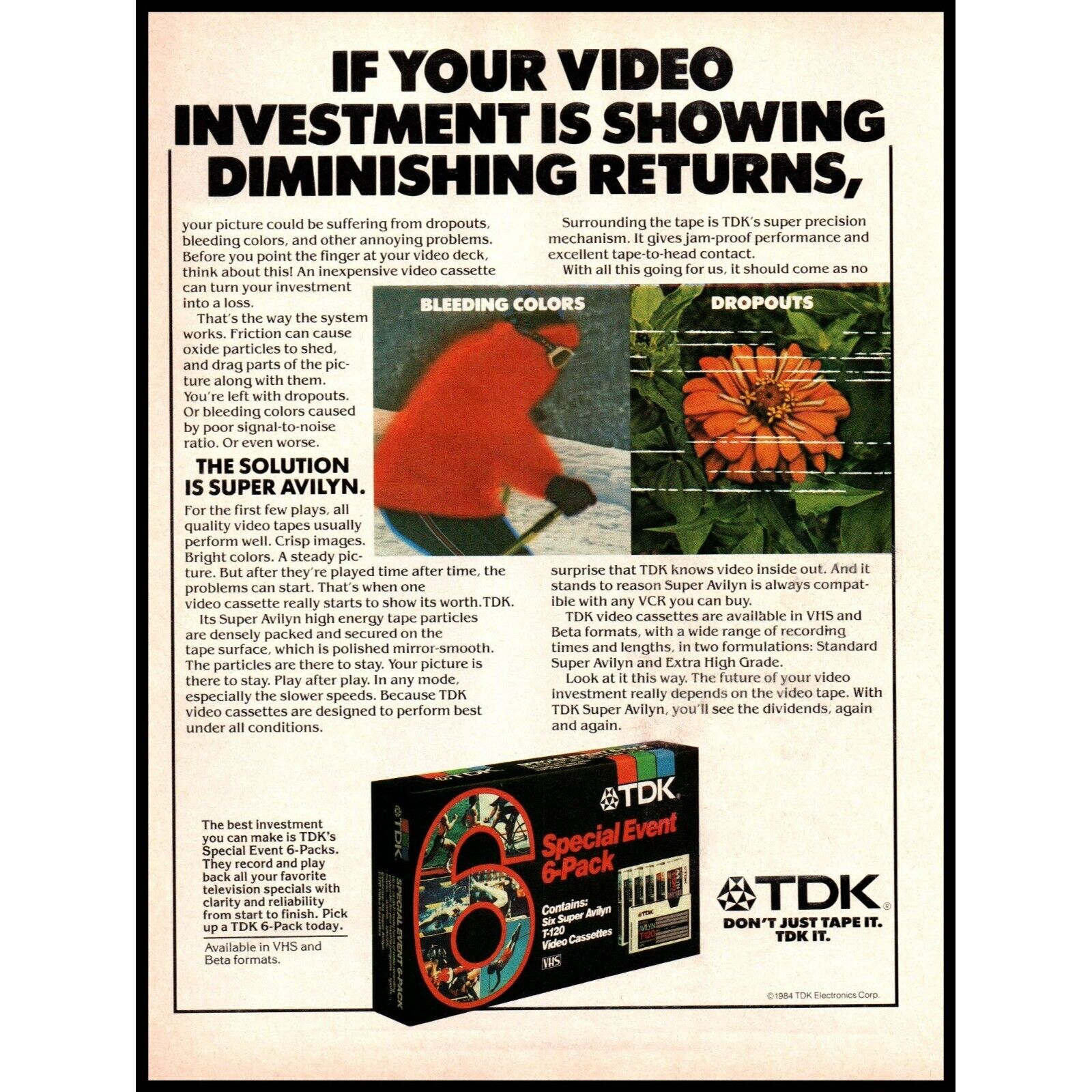 1984 TDK Blank VHS Video Cassette Tape Vintage Print Ad Skiing Wall Art Photo