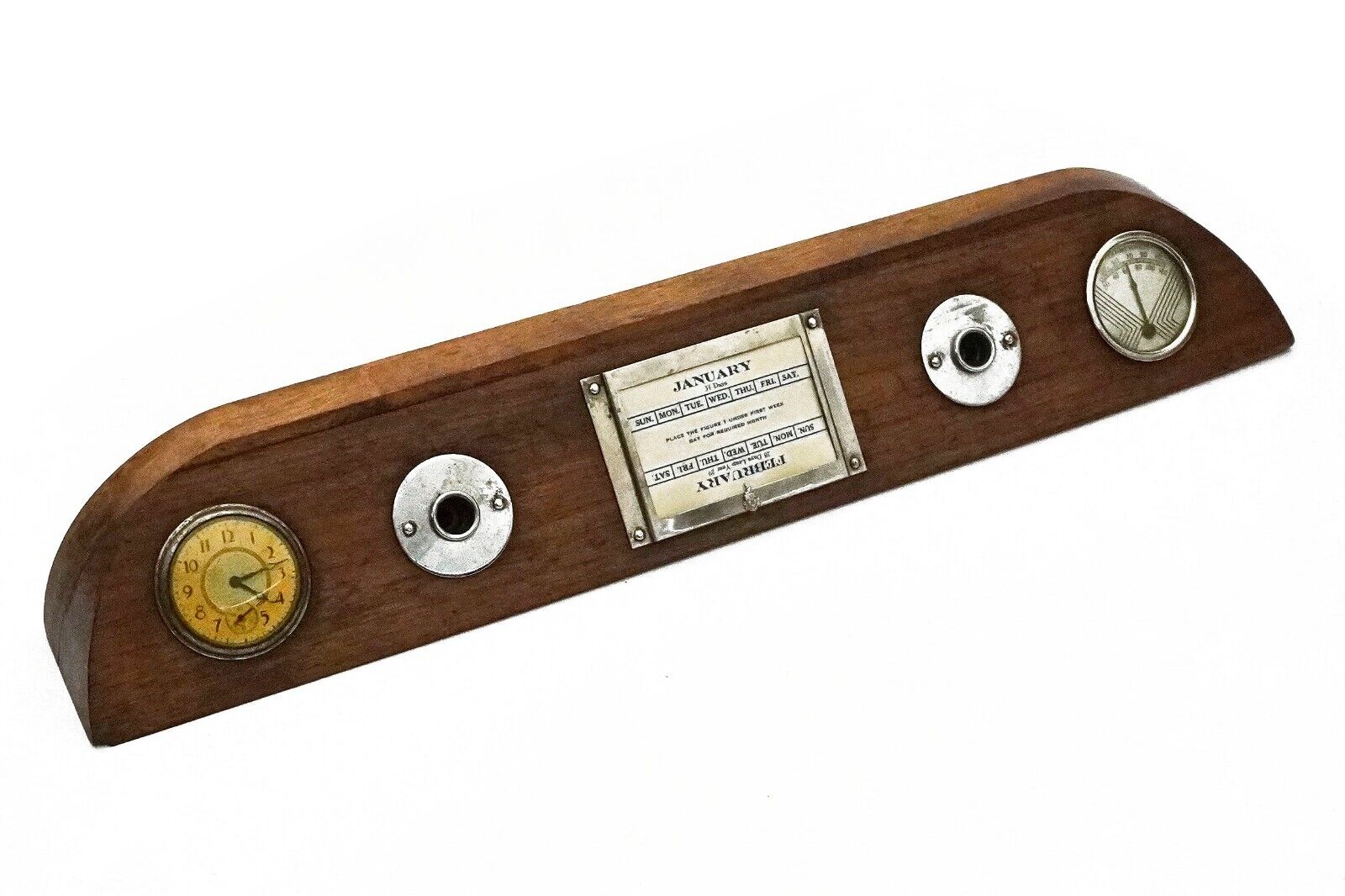 Vintage c. 1920\'s Nautical Wood Desktop Clock Calendar Thermometer Display