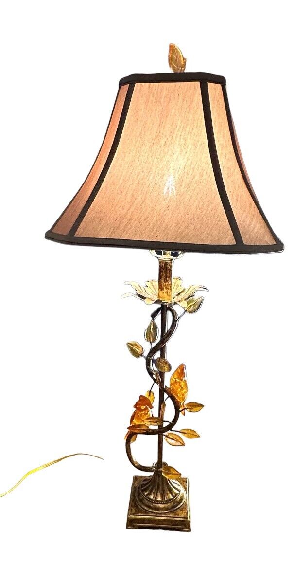 Vintage Italian Tole Lamp w/  Genuine Amber Sculpted Birds & Leaves