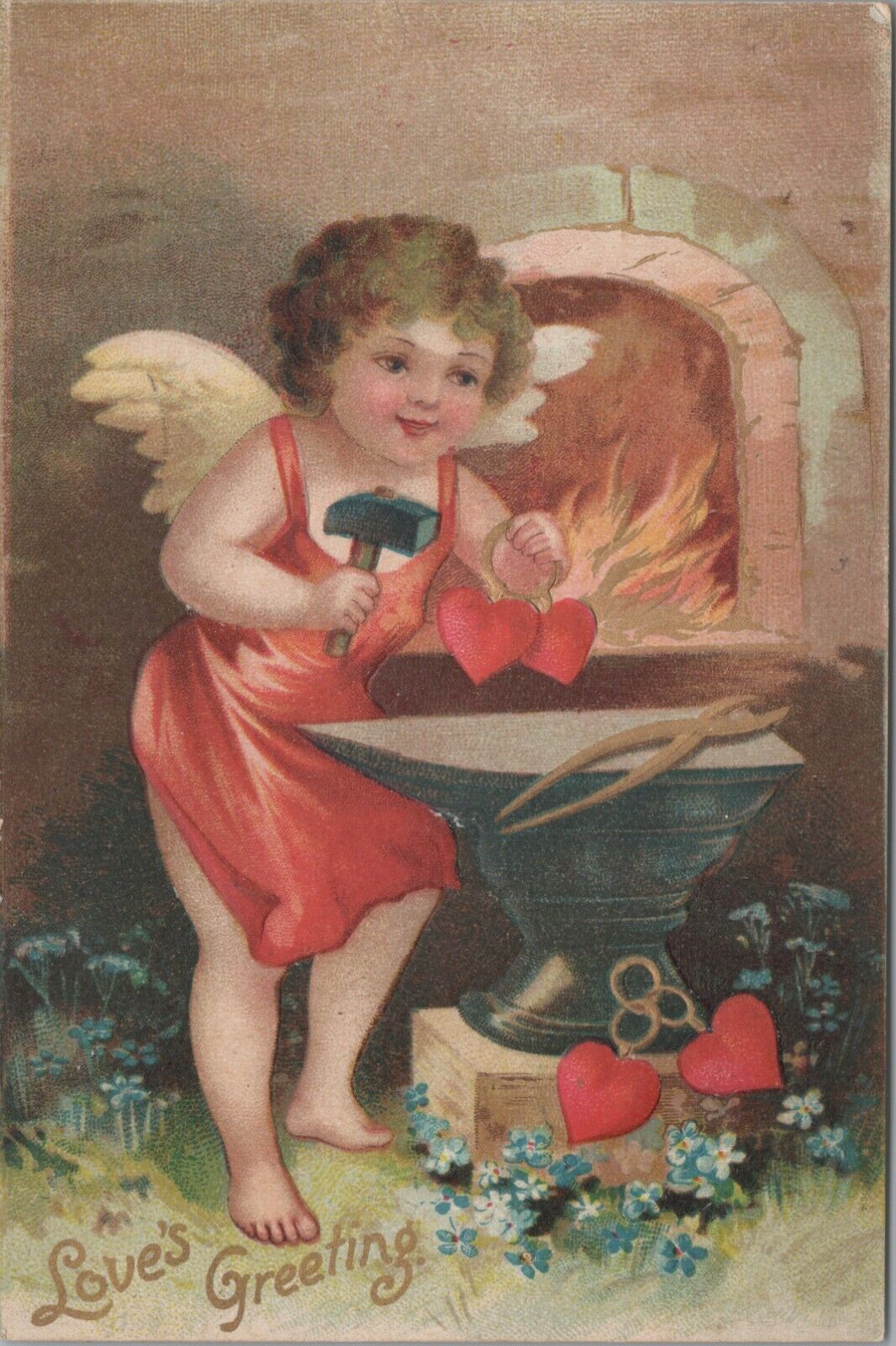 1910 Valentine cupid anvil forging hearts Clapsaddle? embossed postcard E748
