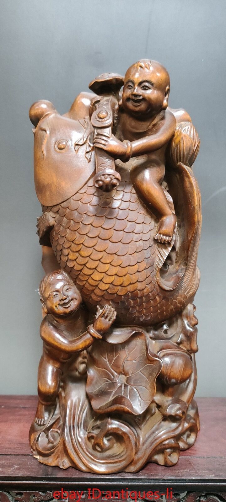 Exquisite Chinese Boxwood Hand-carved Double Happiness Carp Statue