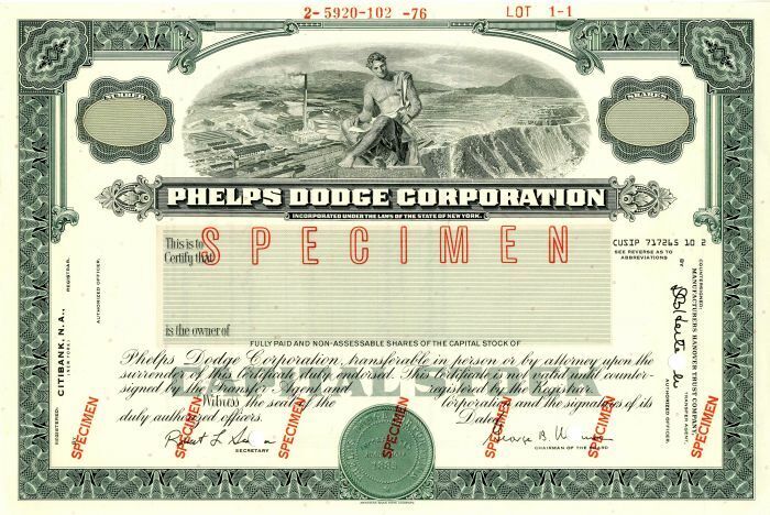 Phelps Dodge Corporation - Stock Certificate - Specimen Stocks & Bonds