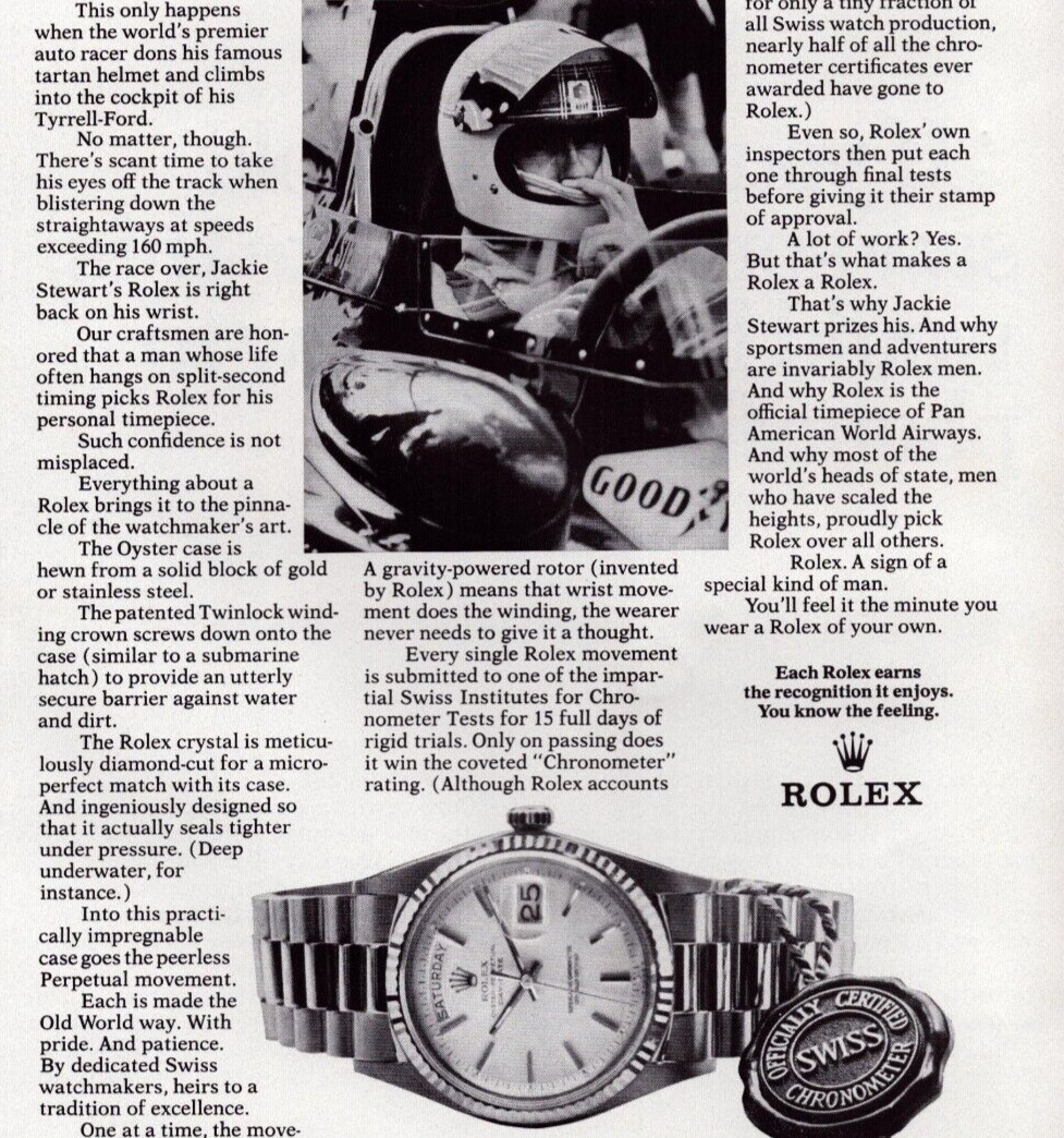 Rolex Watch Jackie Stewart World Champion Chronometer Vintage Print Ad 1972