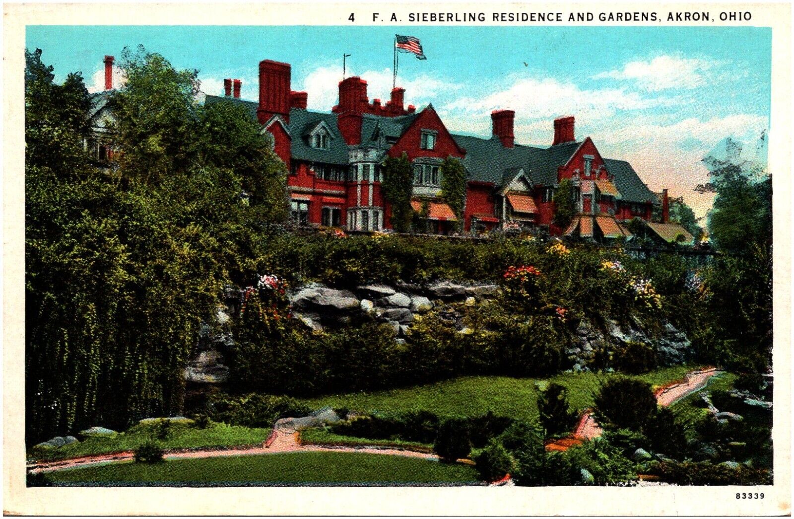 F.A. Sieberling Residence and Gardens Akron Ohio OH 1920s Postcard Unused