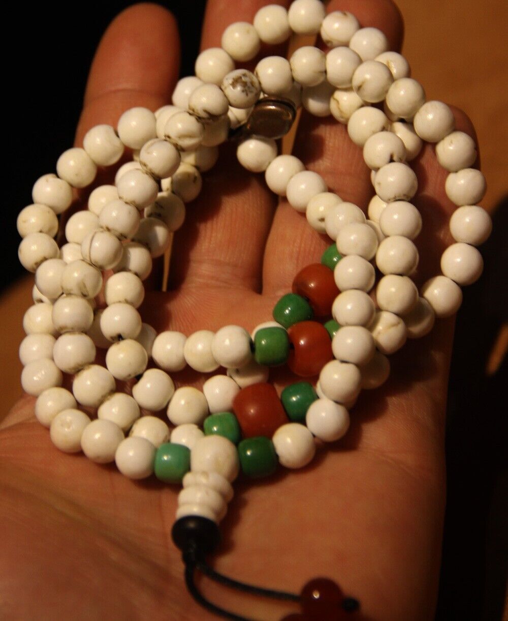Tibet Vintage Old Buddhist White Coral Agate Turquoise Mala Prayer Beads Amulet