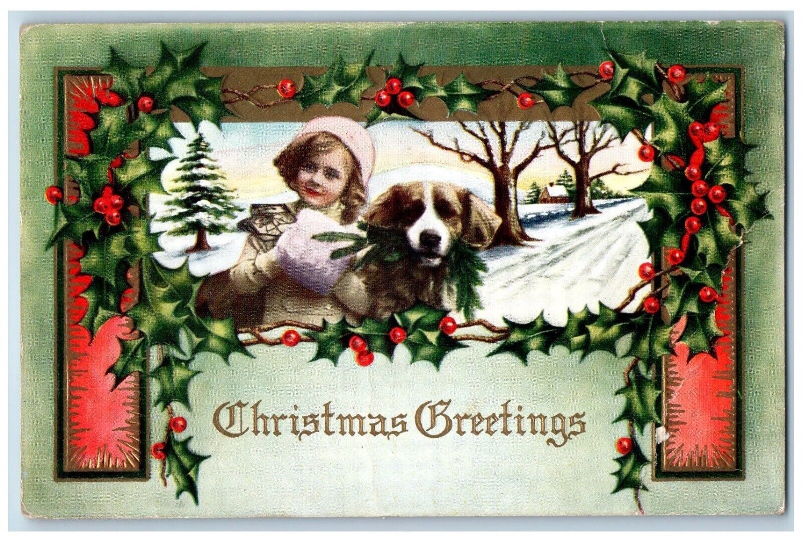 South Omaha NE Postcard Christmas Greetings Little Girl Dog Holly Berries 1915