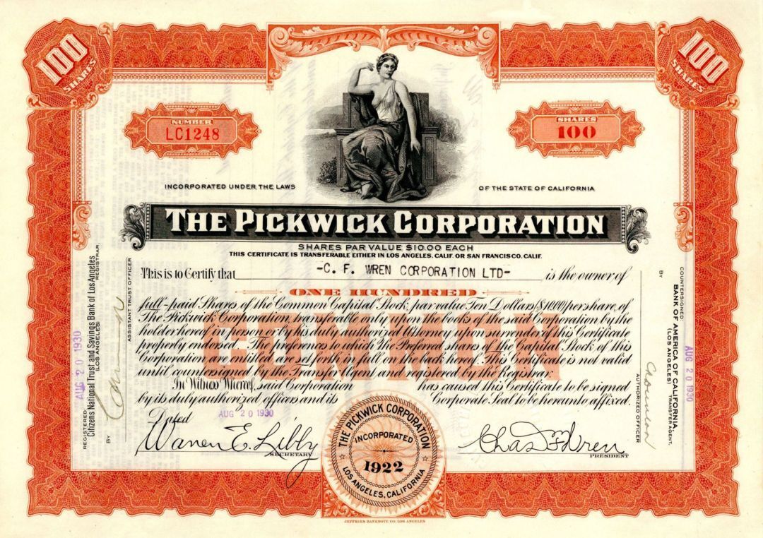 Pickwick Corp. - 1930 Stock Certificate - General Stocks