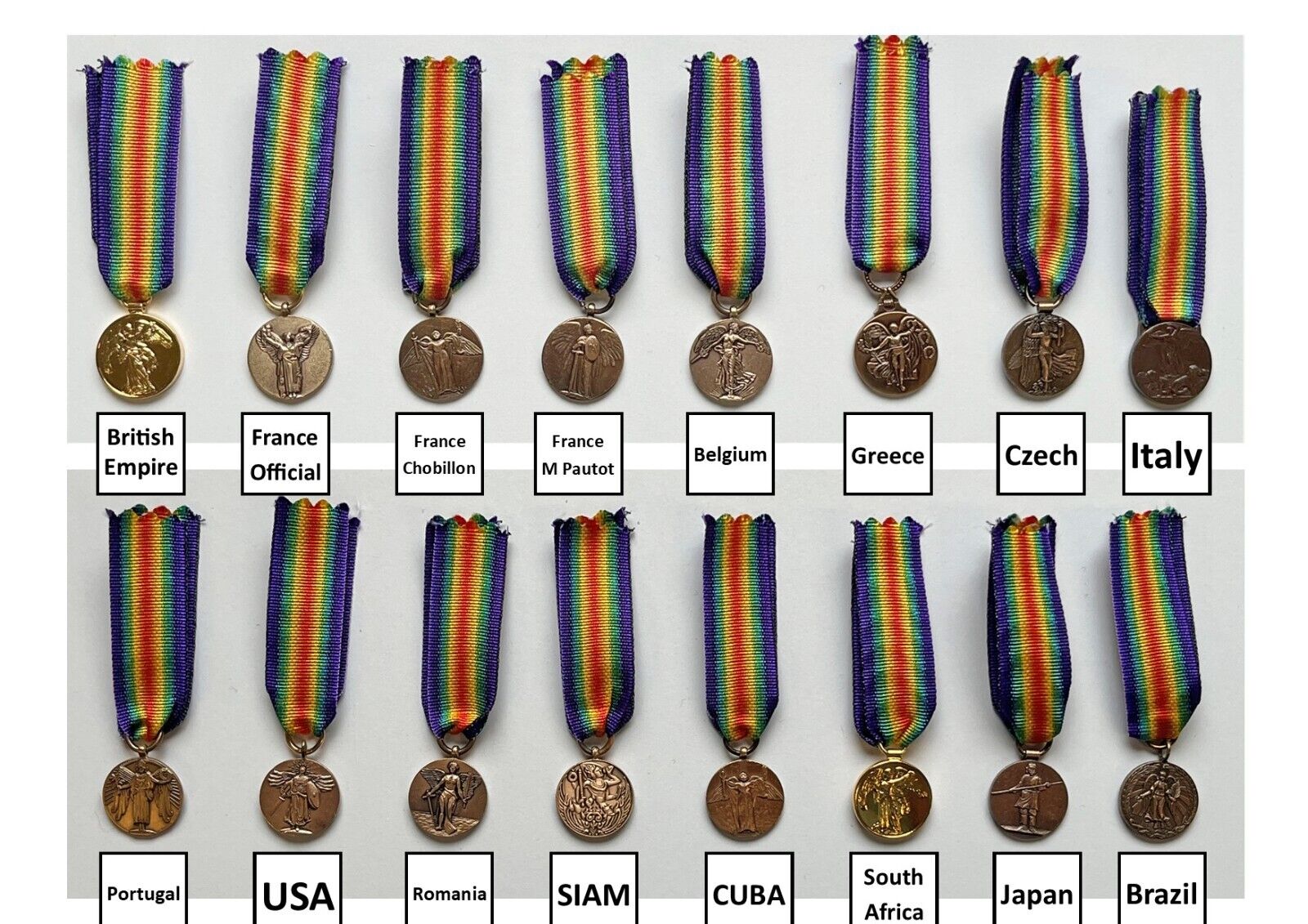 REPRODUCTION WW1 16 Inter-Allied Country USA Victory Medals MINIATURE [VICx16]