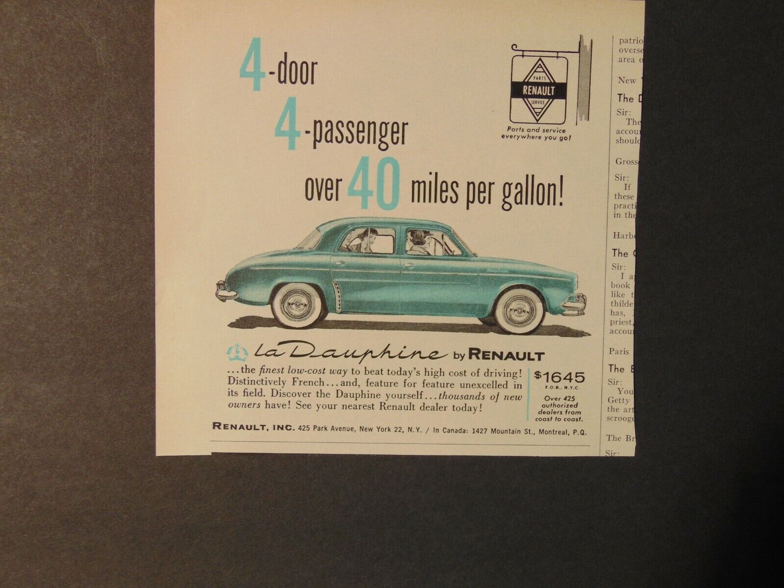 1958 La Dauphine By RENAULT Automobile vintage art print ad