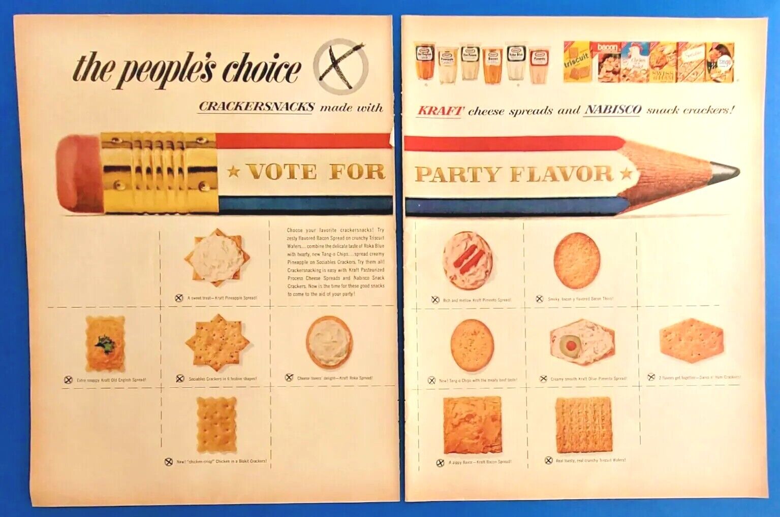 1964 Nabisco Crackersnacks Vote For Party Flavor 2-Page 1960's Magazine Print Ad