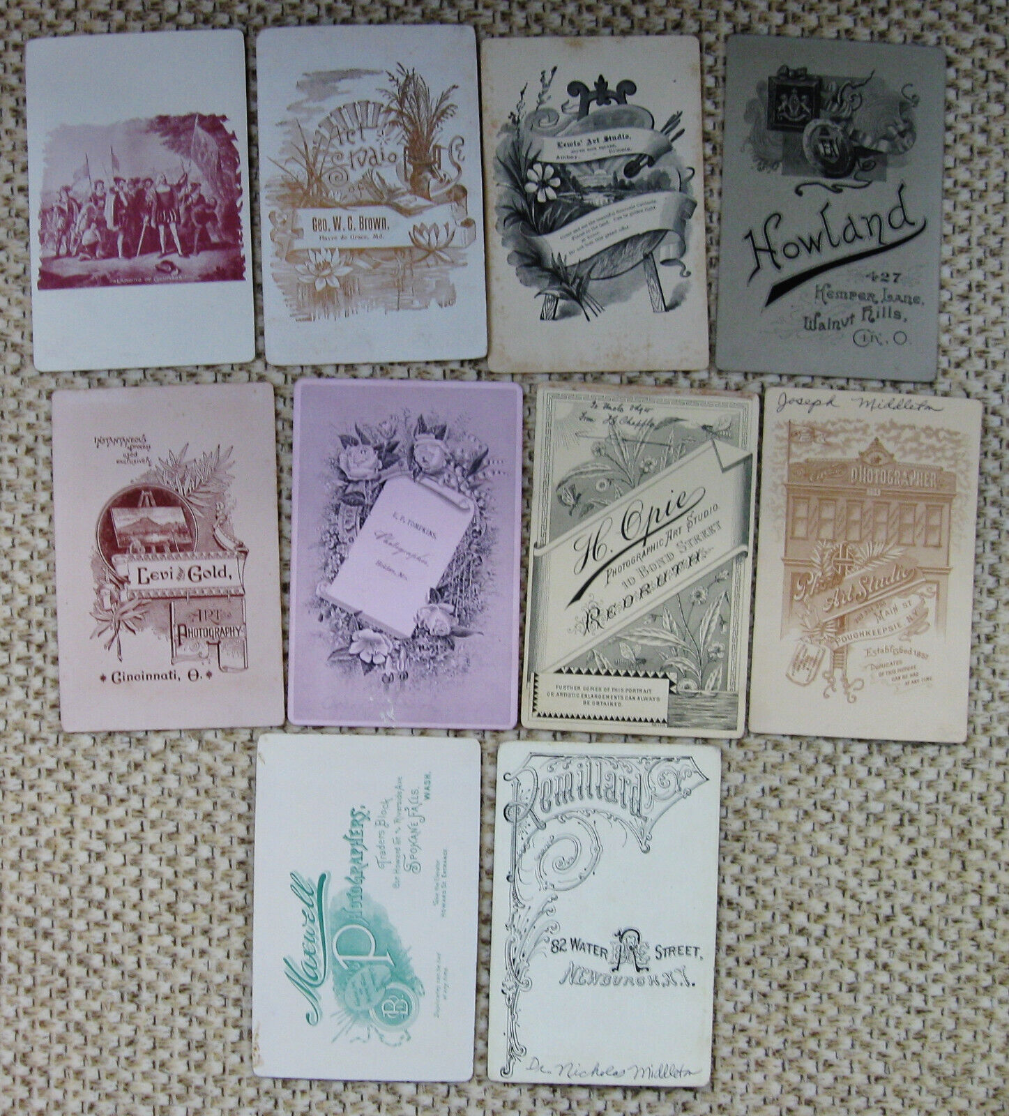 LOT OF 10 ANTIQUE CABINET PHOTOS WITH NICE INTERESTING PHOTOGRAPHER\'S BACKSTAMPS