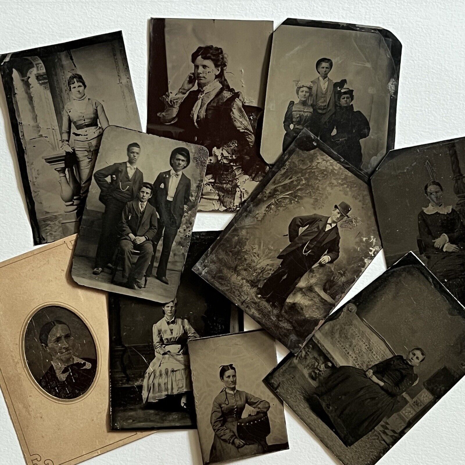 Antique Tintype Photograph Lot Of 10 Women Men Distressed Odd Spooky