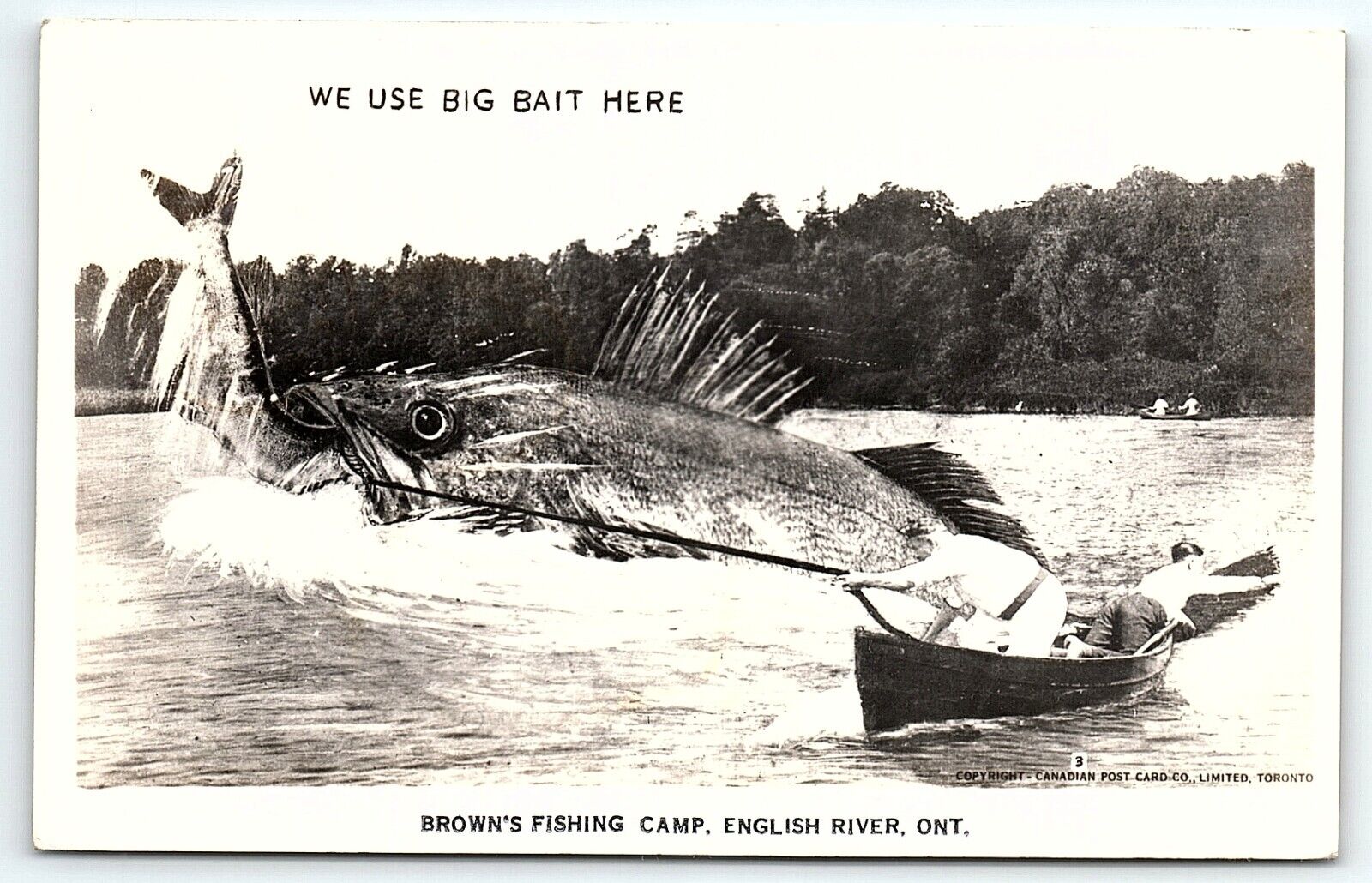 1940s ENGLISH RIVER ONT BROWN'S FISHING CAMP EXAGGERATED RPPC POSTCARD P2742