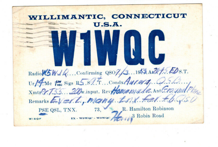 Ham Radio Vintage QSL Card      W1WQC   1953   Willimantic, Conn.