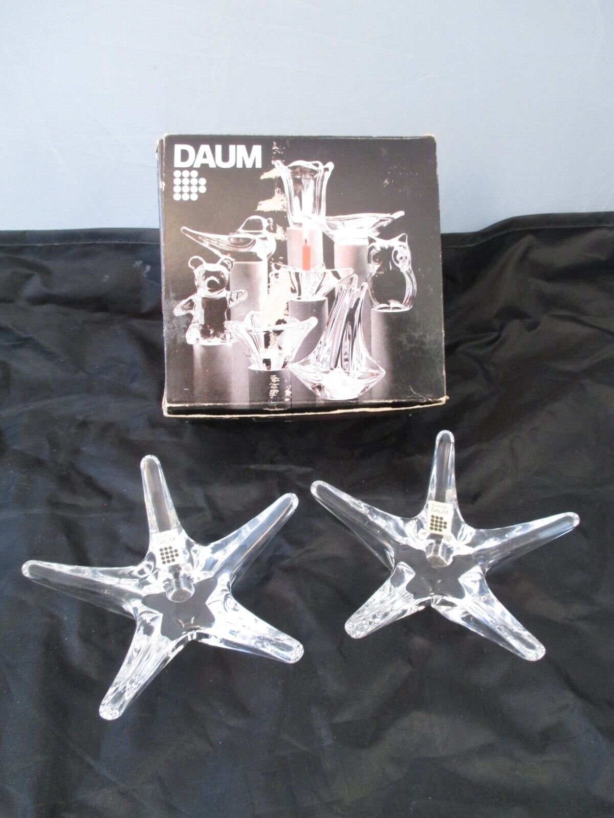 2 Vintage Daum crystal France pair star slim taper candle holders 4\