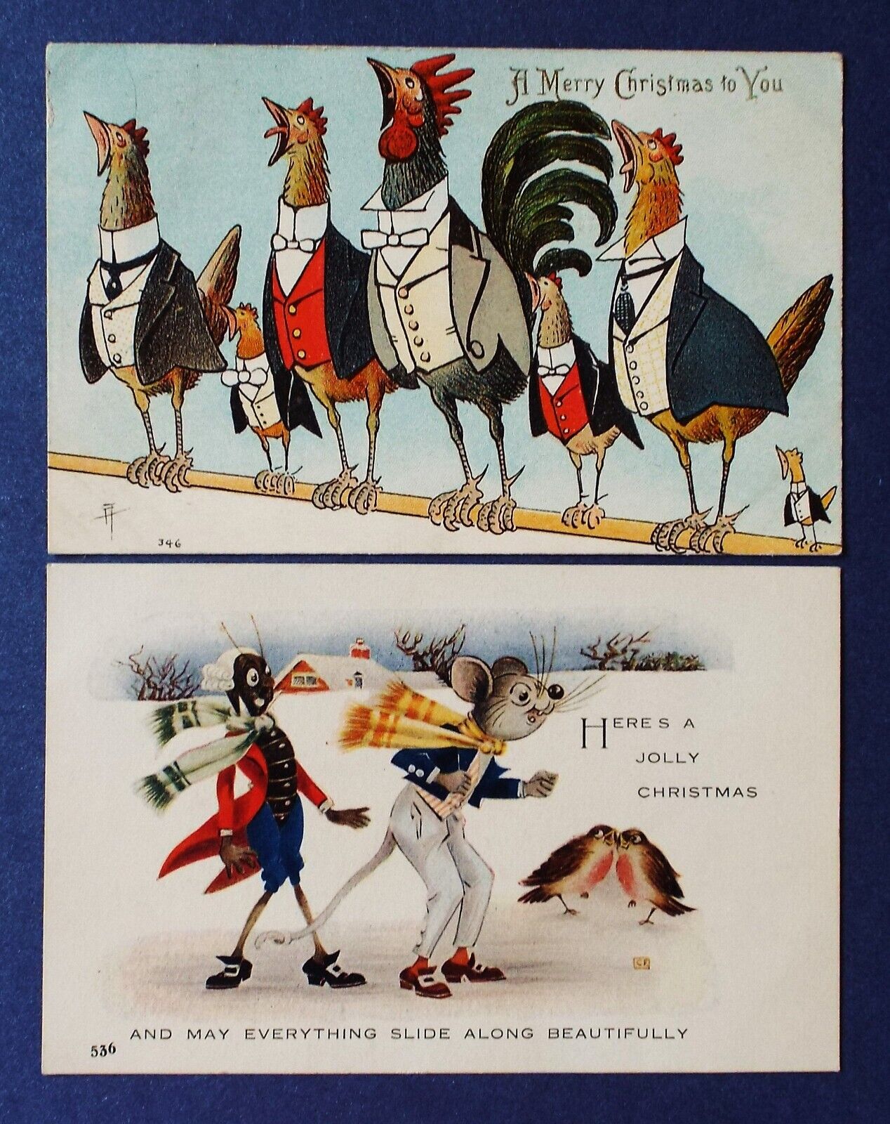 Delightful Fantasy LOT of 2 Christmas 1905 Mouse Ant Rooster England