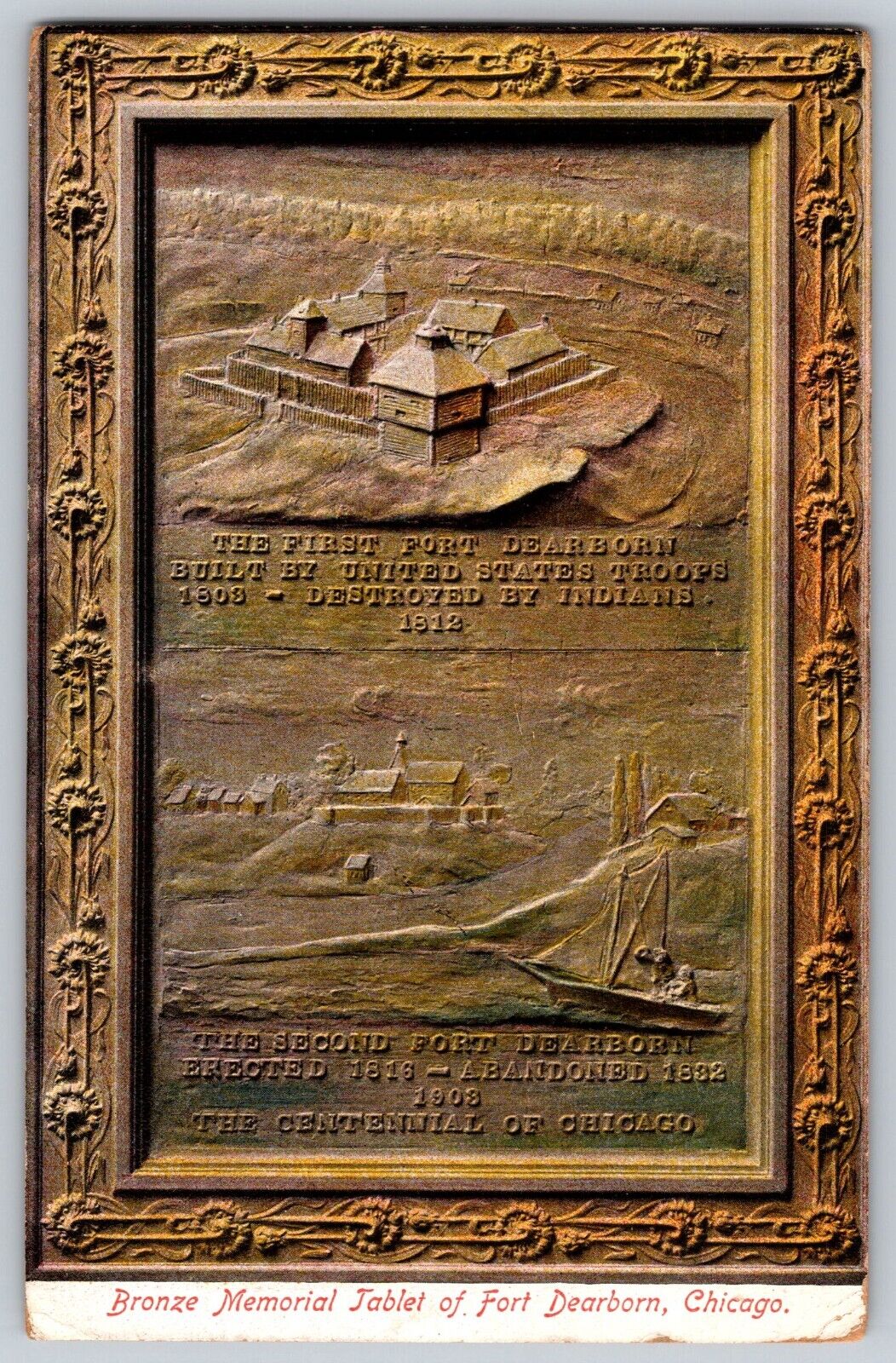Postcard 1909 Bronze Memorial Tablet Of Fort Dearborn Chicago Illinois C16
