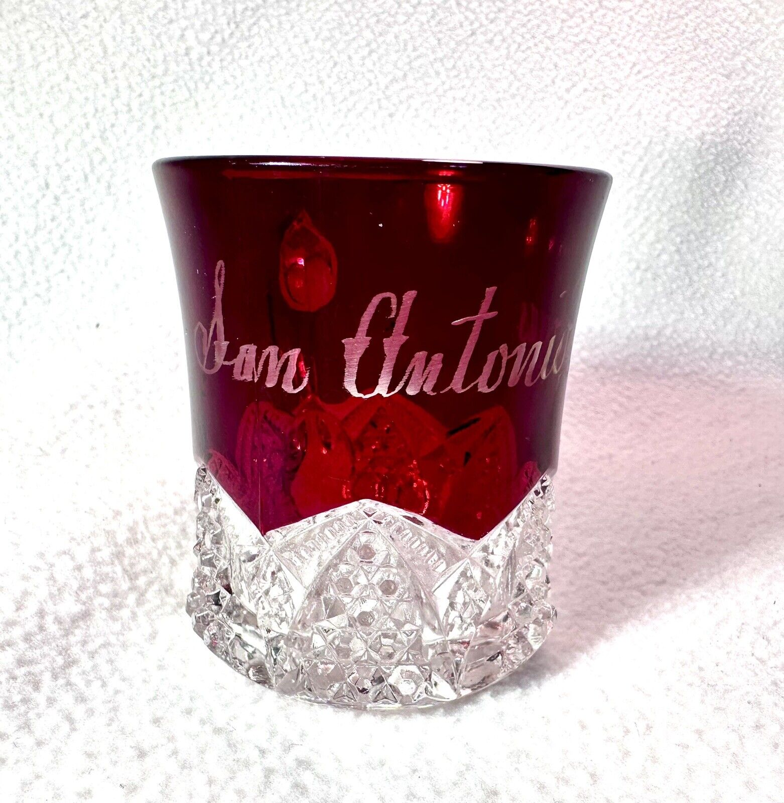 Vintage San Antonio Souvenir EAPG Ruby Flash Glass Mug Button & Arches