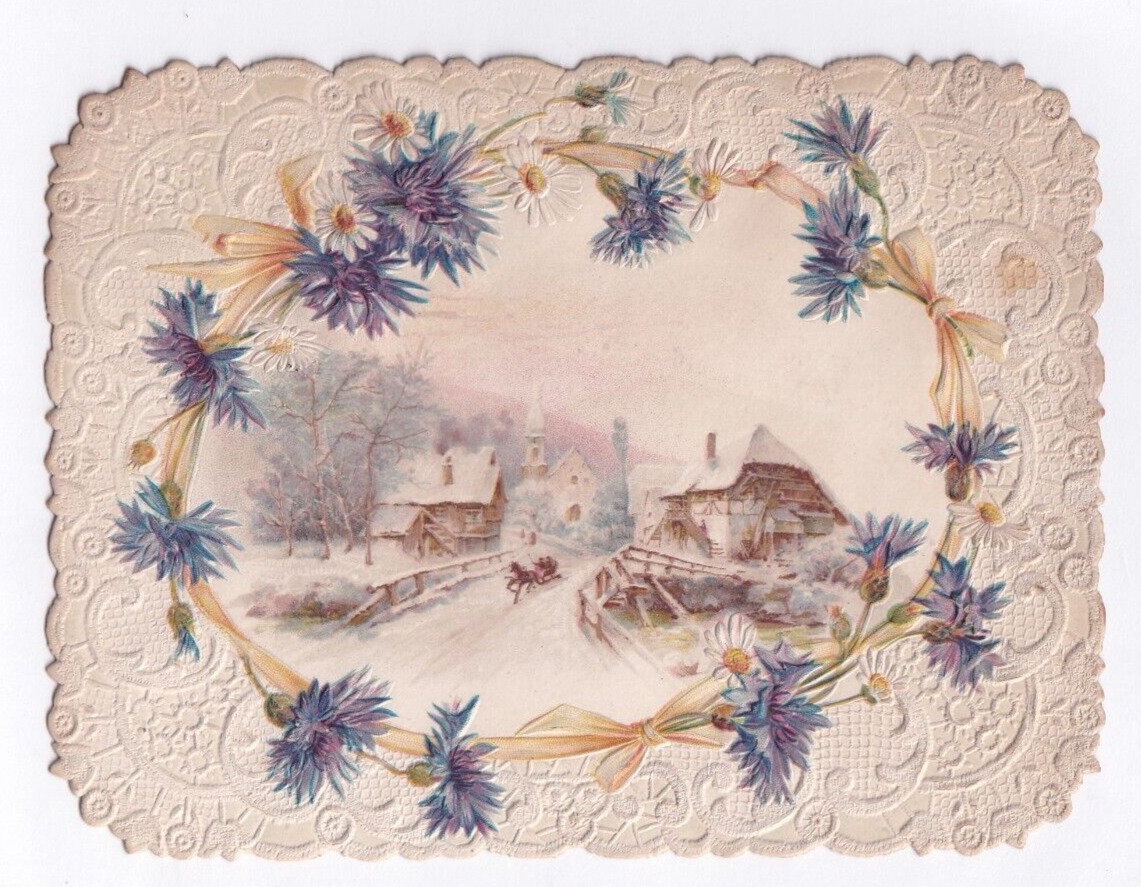 BEAUTIFUL 1800\'s Embossed Card - Winter Snowy Cottage Scene -#6
