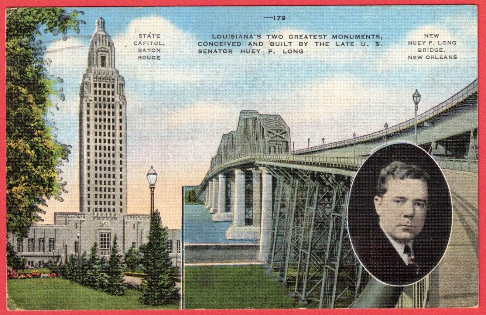 Baton Rouge State Capitol Huey P Long Bridge New Orleans Linen Postcard