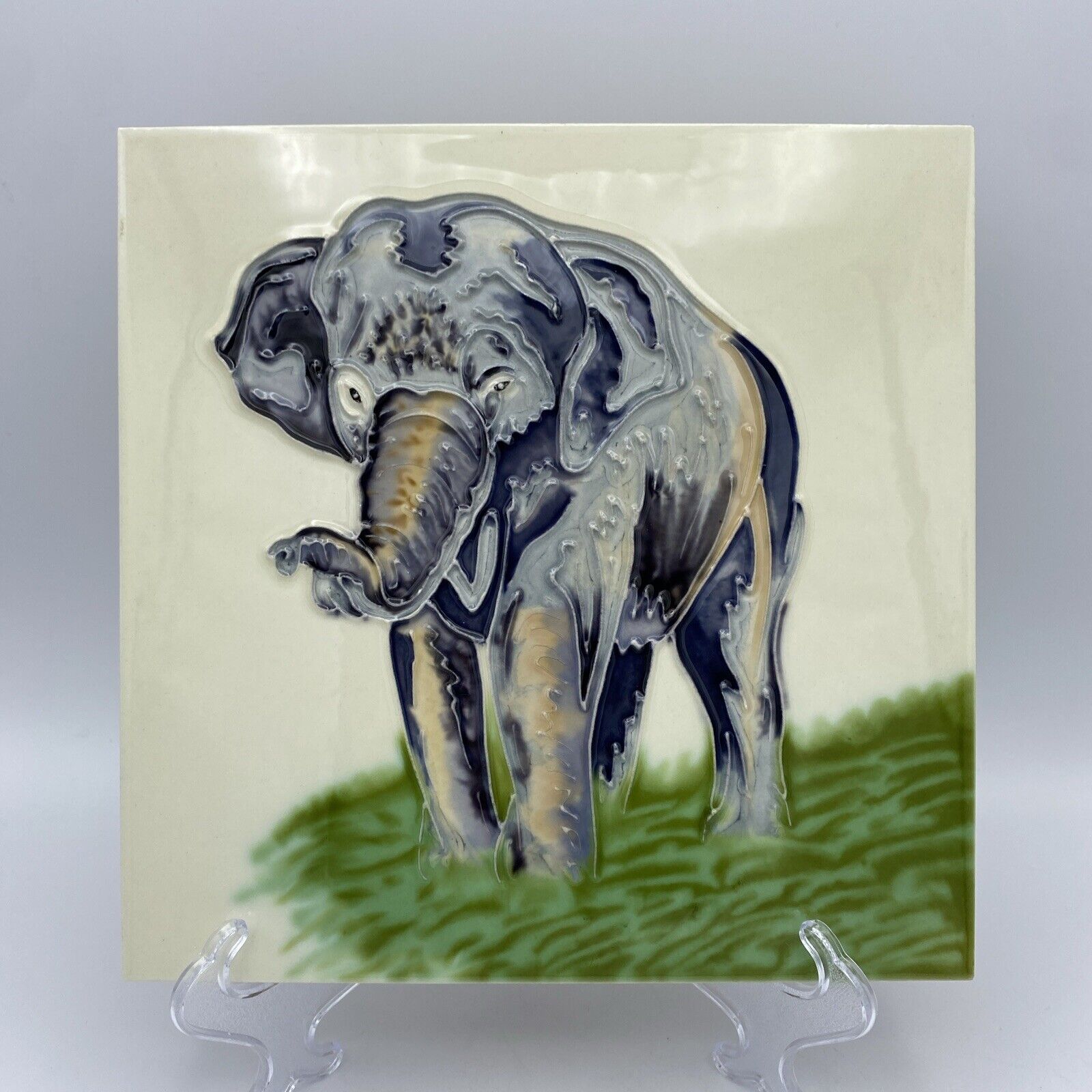 Elephant Hand Painted Ceramic Art Tile 8x8 inches Houston Zoo Matted Plaque 2007