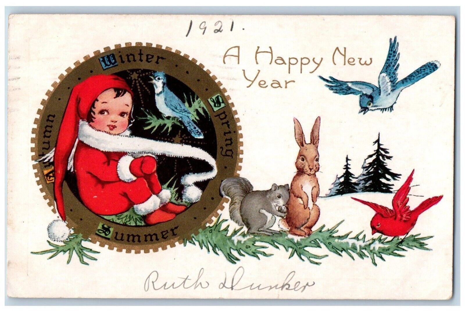 New Year Postcard Little Girl Song Birds Rabbit Squirrel Owatonna Minneapolis MN